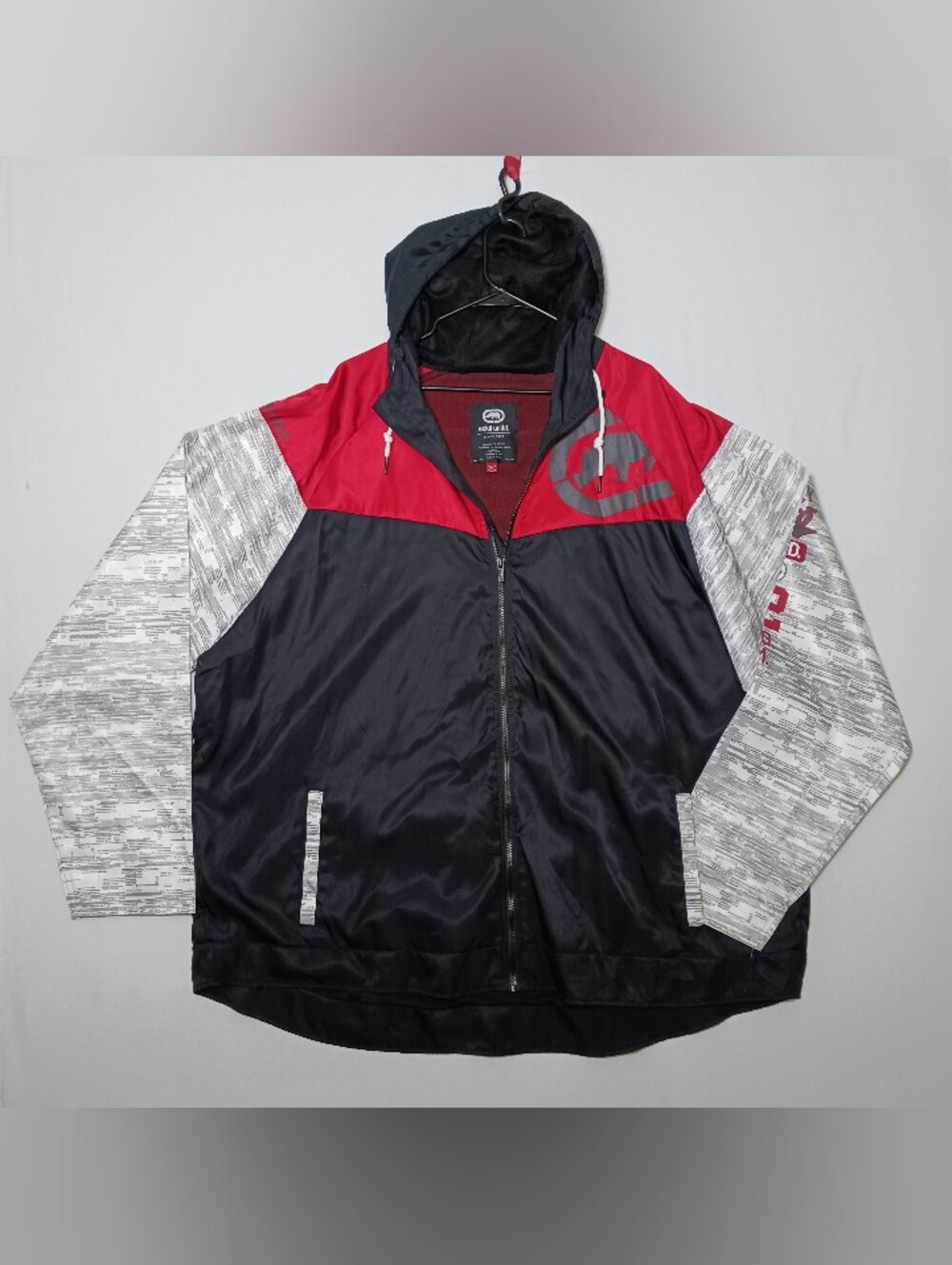 Ecko Unltd Mens Colorblock Mesh Hooded Windbreaker 5XL Full Zip Red Black